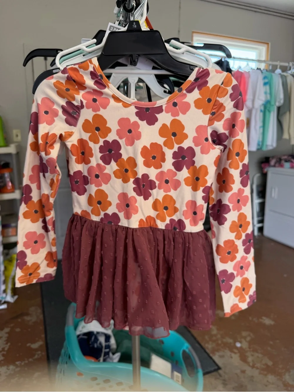 Kids Floral Dance Costume Long Sleeve Dress - Burgundy/Pink